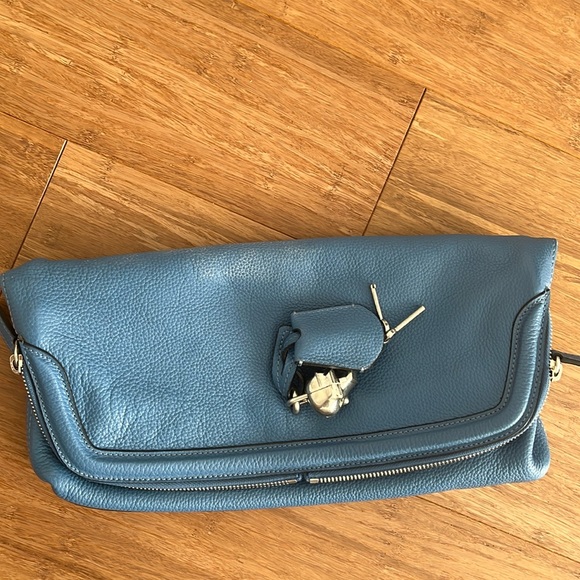 Authentic folding blue leather Alexander McQueen clutch with silver skull - Picture 1 of 13